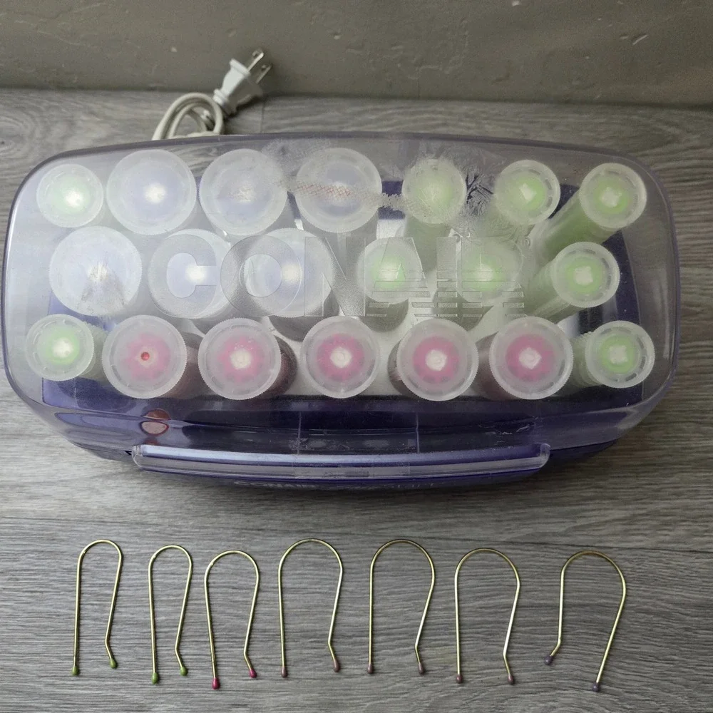 Conair Purple Hot Rollers Set Easy Start Multi-Size Heated Hair Curlers 7 Clips